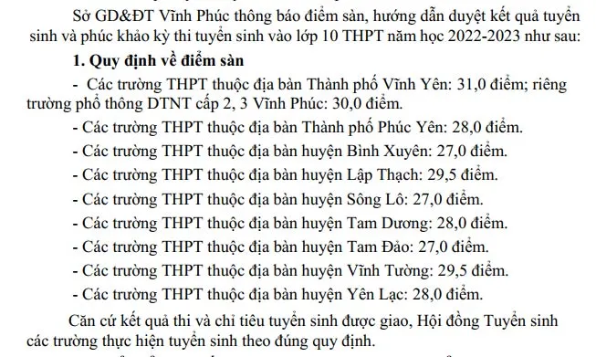 Điểm chuẩn lớp 10 năm 2023 Vĩnh Phúc