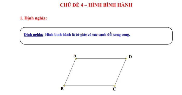 Hình bình hành: Định nghĩa, tính chất và bài tập (có đáp án)