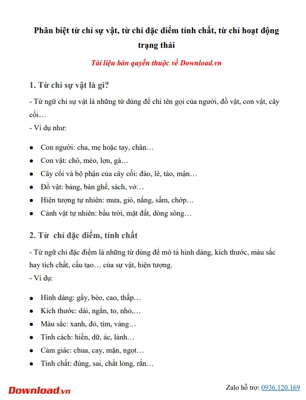 Phân biệt từ chỉ sự vật, từ chỉ đặc điểm tính chất, từ chỉ hoạt động trạng thái