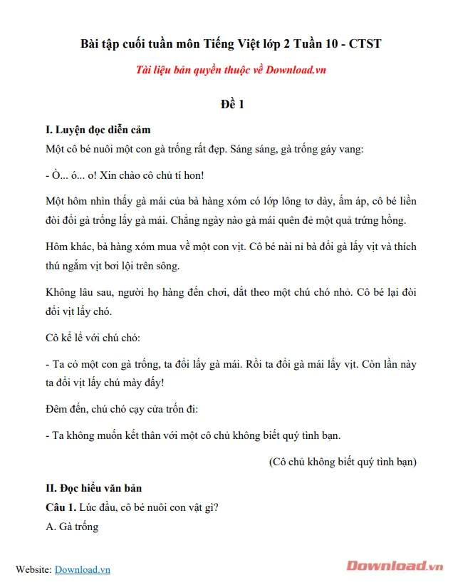 Phiếu bài tập cuối tuần lớp 2 môn Tiếng Việt Chân trời sáng tạo – Tuần 10