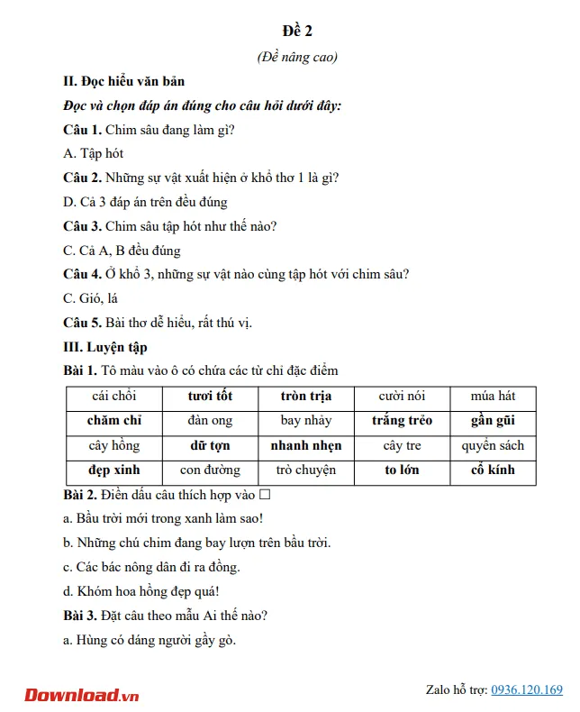 Phiếu bài tập cuối tuần lớp 2 môn Tiếng Việt Chân trời sáng tạo – Tuần 24 (Nâng cao)