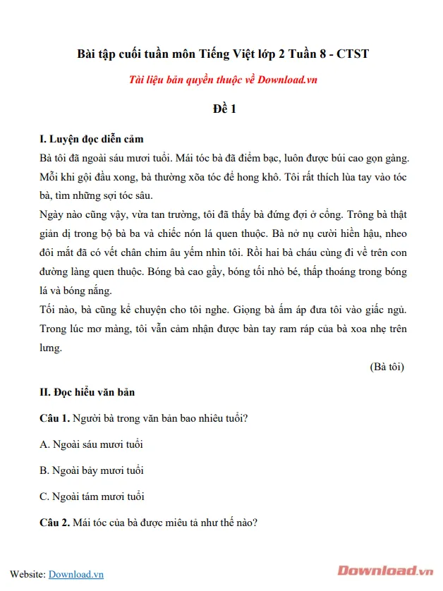 Phiếu bài tập cuối tuần lớp 2 môn Tiếng Việt Chân trời sáng tạo – Tuần 8