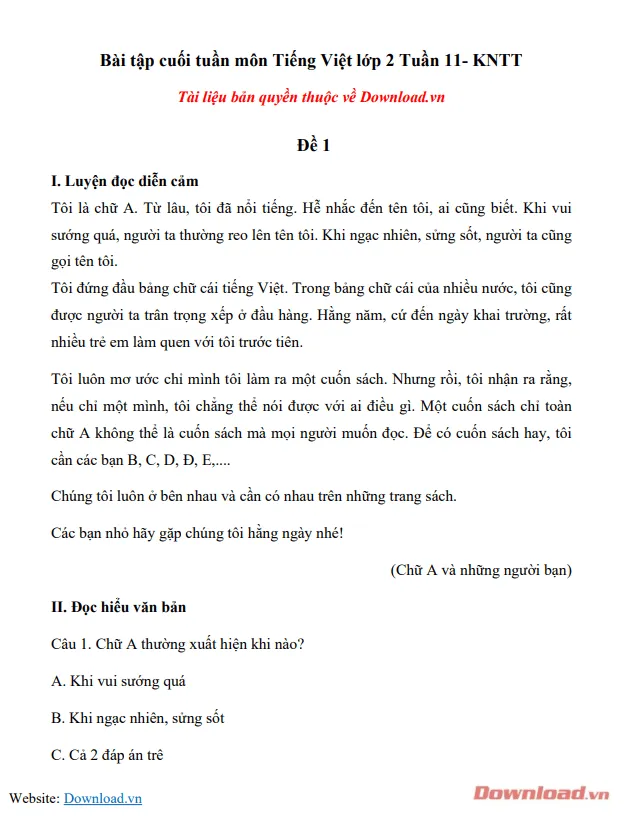 Phiếu bài tập cuối tuần lớp 2 môn Tiếng Việt Kết nối tri thức – Tuần 11