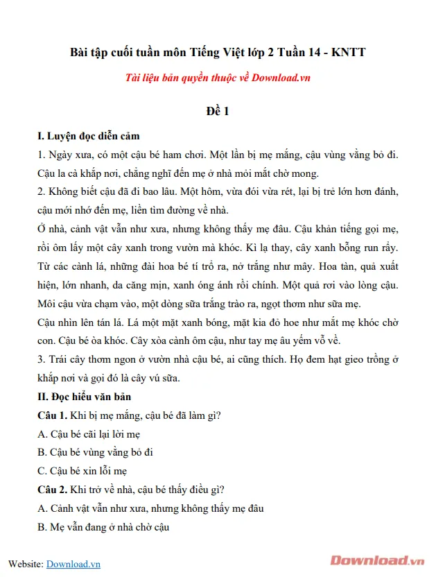 Phiếu bài tập cuối tuần lớp 2 môn Tiếng Việt Kết nối tri thức – Tuần 14