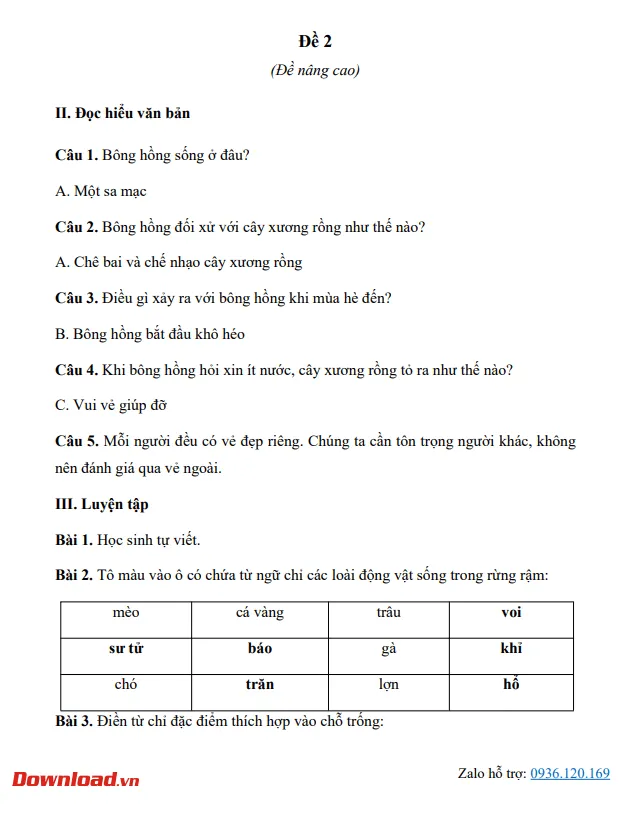 Phiếu bài tập cuối tuần lớp 2 môn Tiếng Việt Kết nối tri thức – Tuần 24 (Nâng cao)