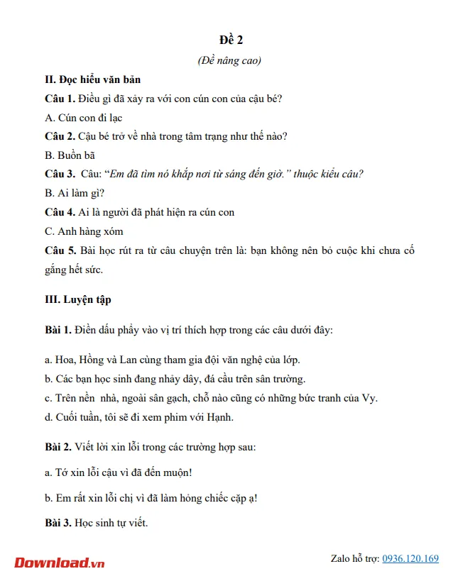 Phiếu bài tập cuối tuần lớp 2 môn Tiếng Việt Kết nối tri thức – Tuần 25 (Nâng cao)