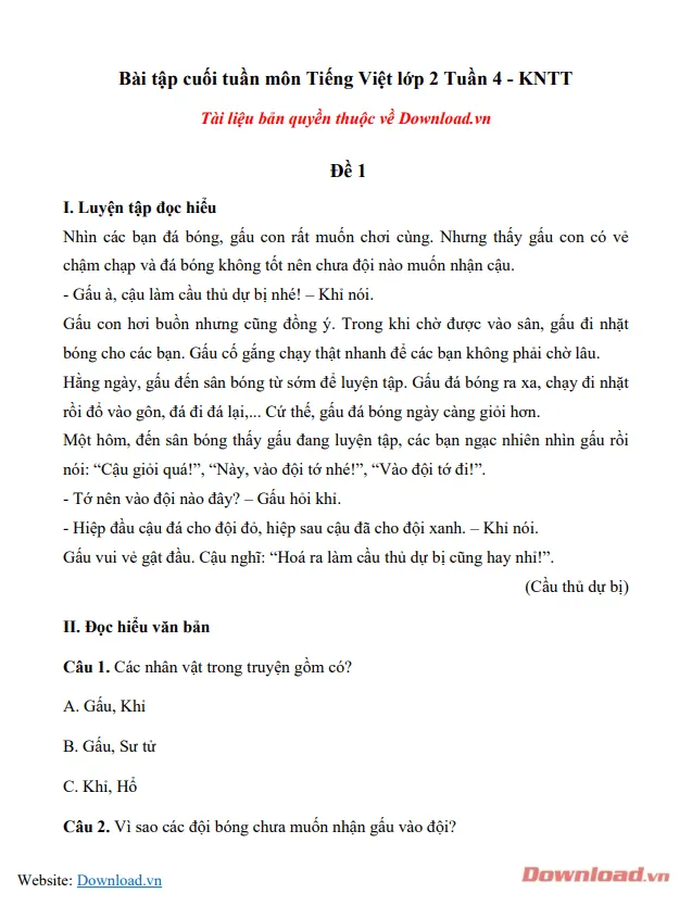 Phiếu bài tập cuối tuần lớp 2 môn Tiếng Việt Kết nối tri thức – Tuần 4