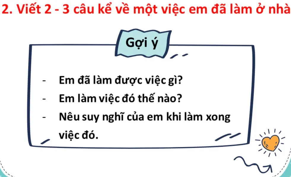 Tập làm văn lớp 2: Viết 2 – 3 câu kể một việc em đã làm ở nhà