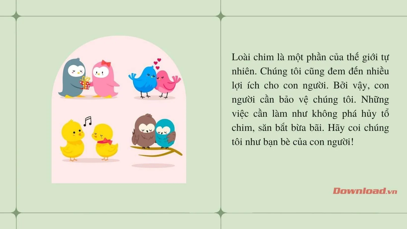 Tập làm văn lớp 2: Viết 4 – 5 câu nhắn nhủ những điều chim muốn nói tới mọi người