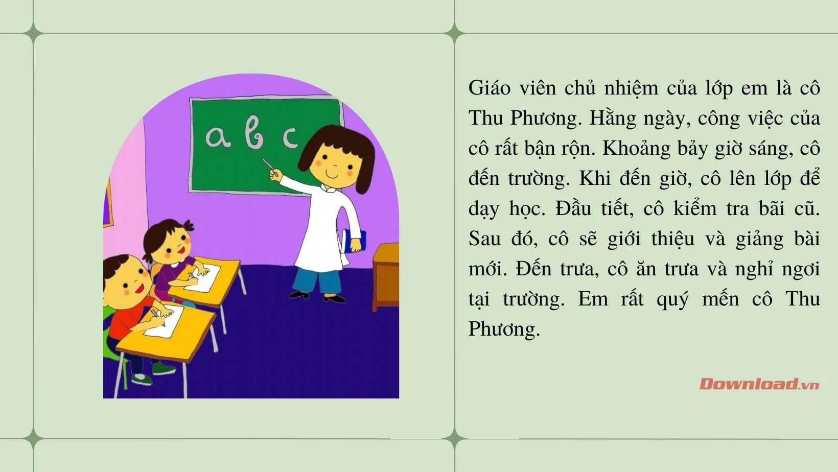 Tập làm văn lớp 2: Viết 4 – 5 câu về một việc làm hằng ngày của thầy cô (10 mẫu)