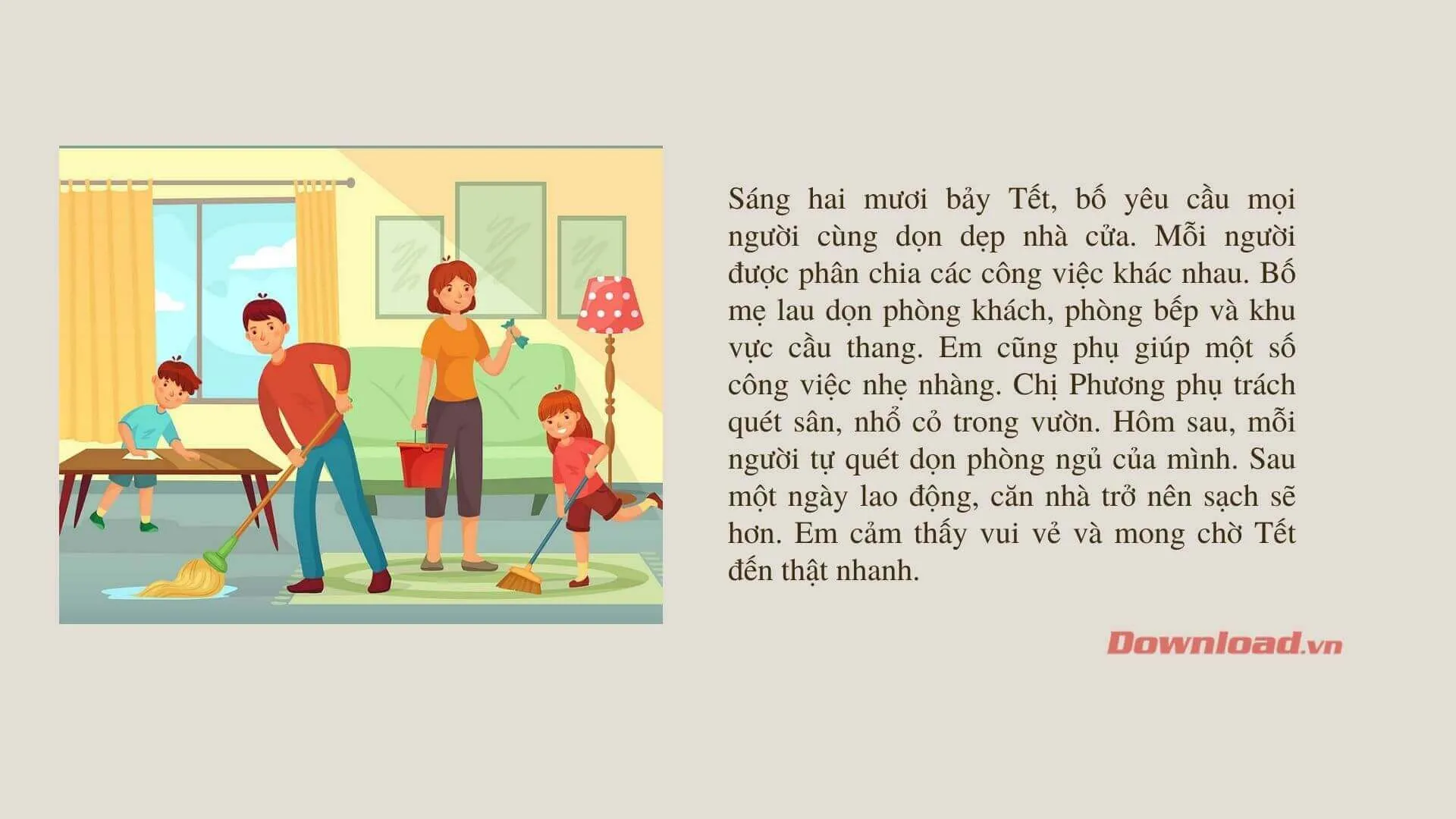 Tập làm văn lớp 2: Viết 4 – 5 câu về việc dọn dẹp nhà cửa để đón Tết của gia đình em