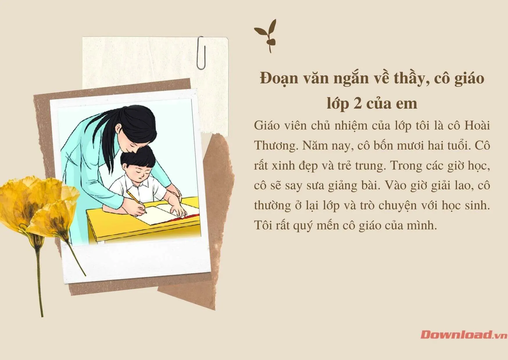 Tập làm văn lớp 2: Viết một đoạn văn ngắn về thầy, cô giáo lớp 2 của em