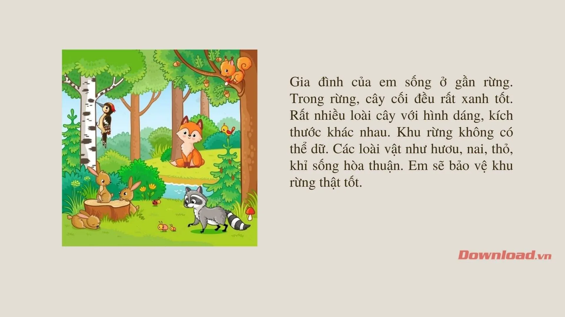 Tập làm văn lớp 2: Viết về một khu rừng vui vẻ, có cây xanh và các loài vật sống thân thiện với nhau