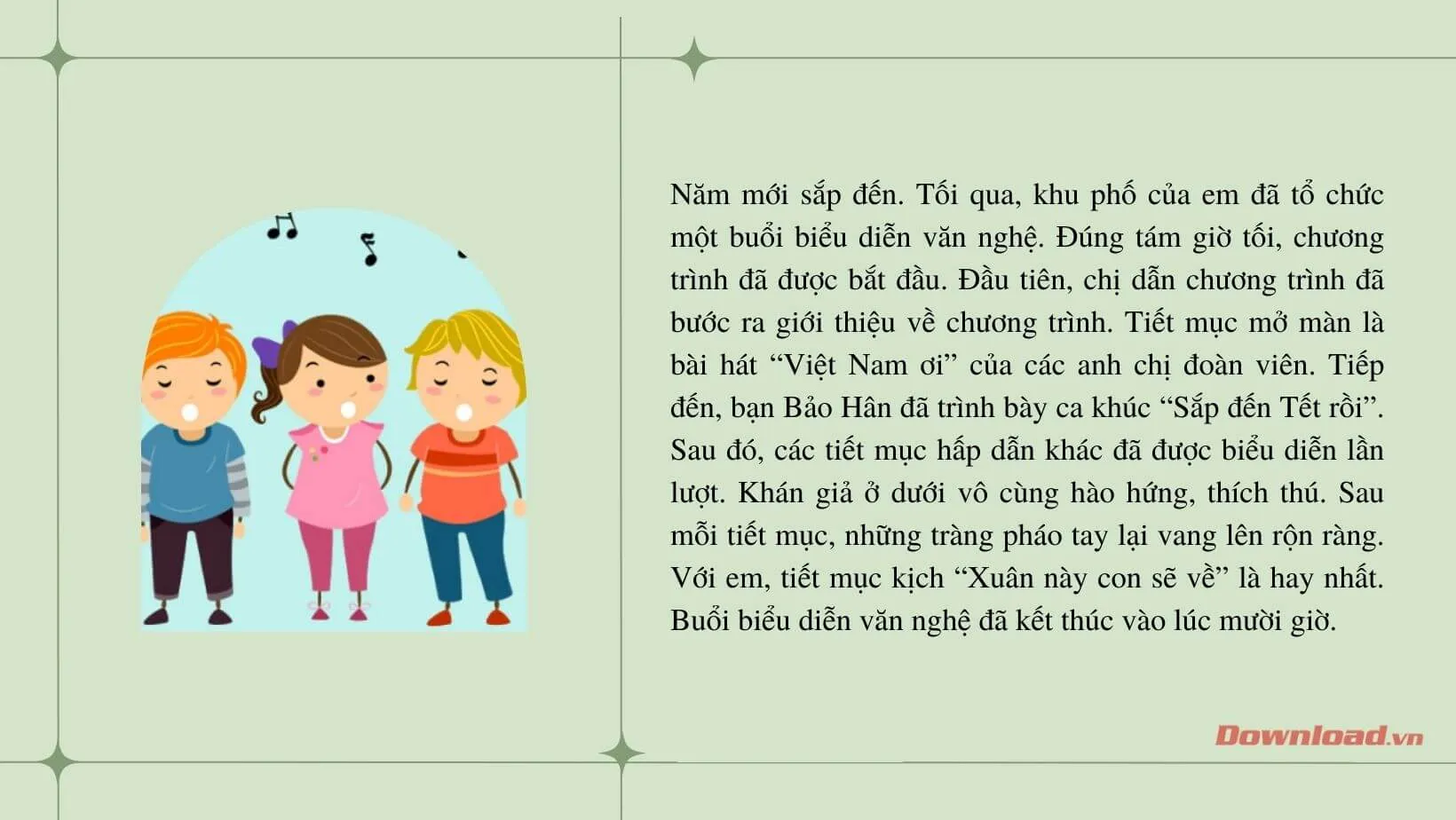 Tập làm văn lớp 3: Kể lại một buổi biểu diễn nghệ thuật mà em được xem (44 mẫu)