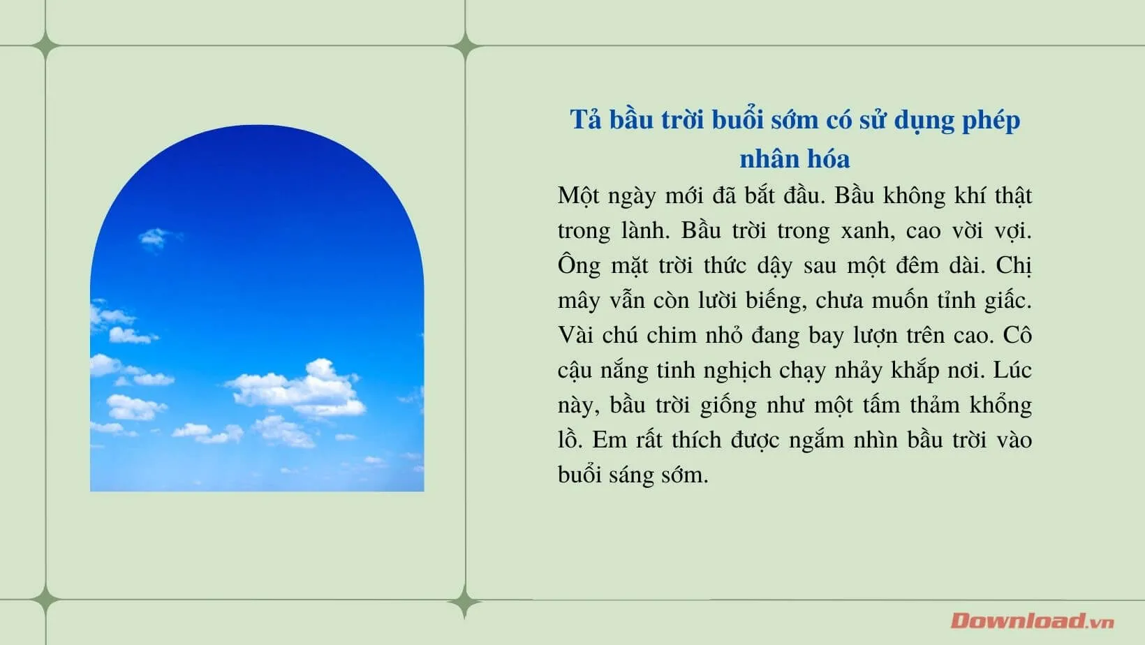 Tập làm văn lớp 3: Viết đoạn văn có sử dụng phép nhân hóa để tả bầu trời buổi sớm