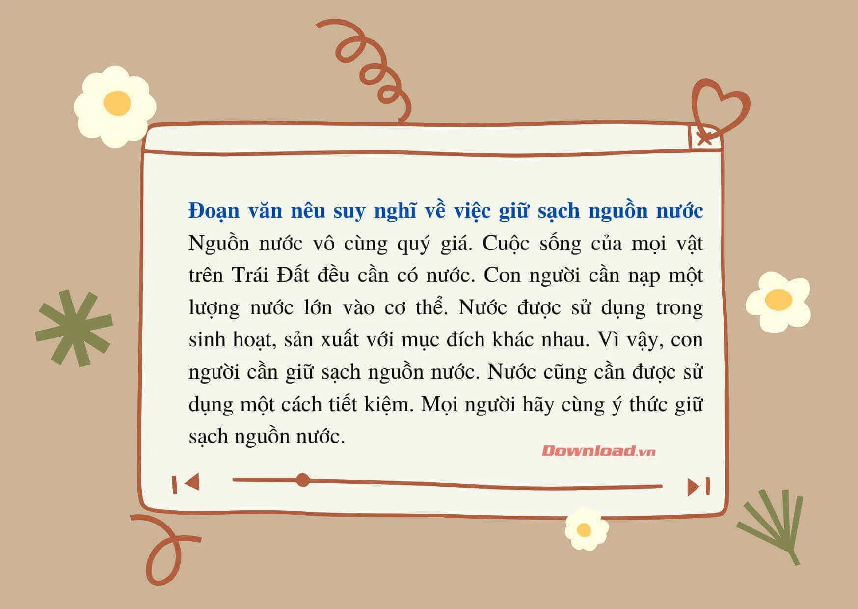 Tập làm văn lớp 3: Viết một đoạn văn nêu suy nghĩ của em về việc giữ sạch nguồn nước