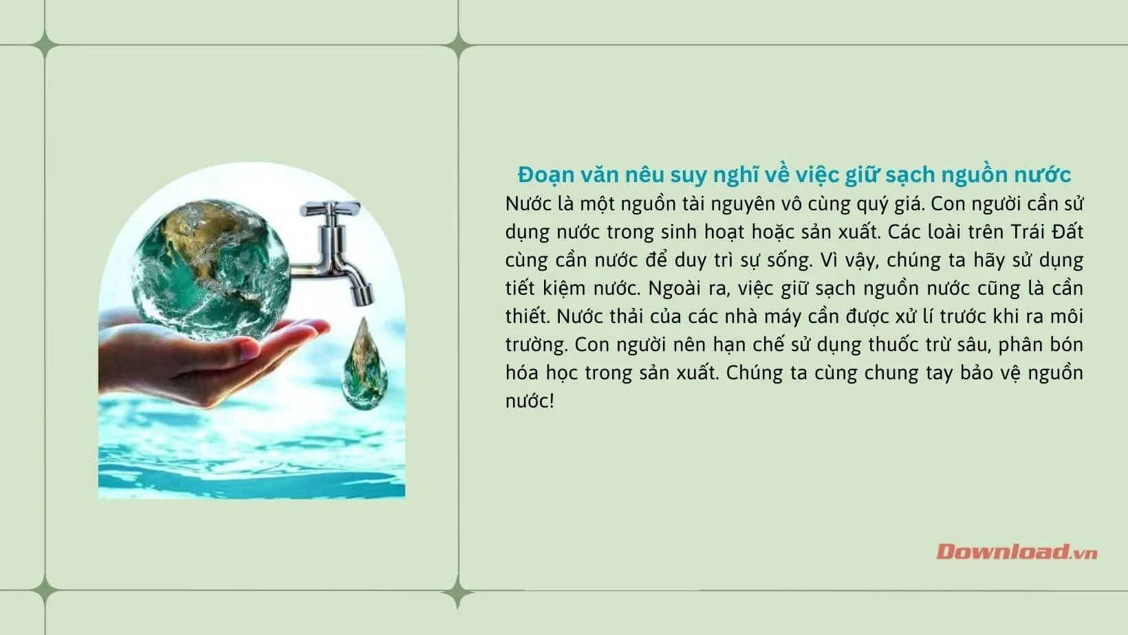 Tập làm văn lớp 3: Viết một đoạn văn nêu suy nghĩ của em về việc giữ sạch nguồn nước