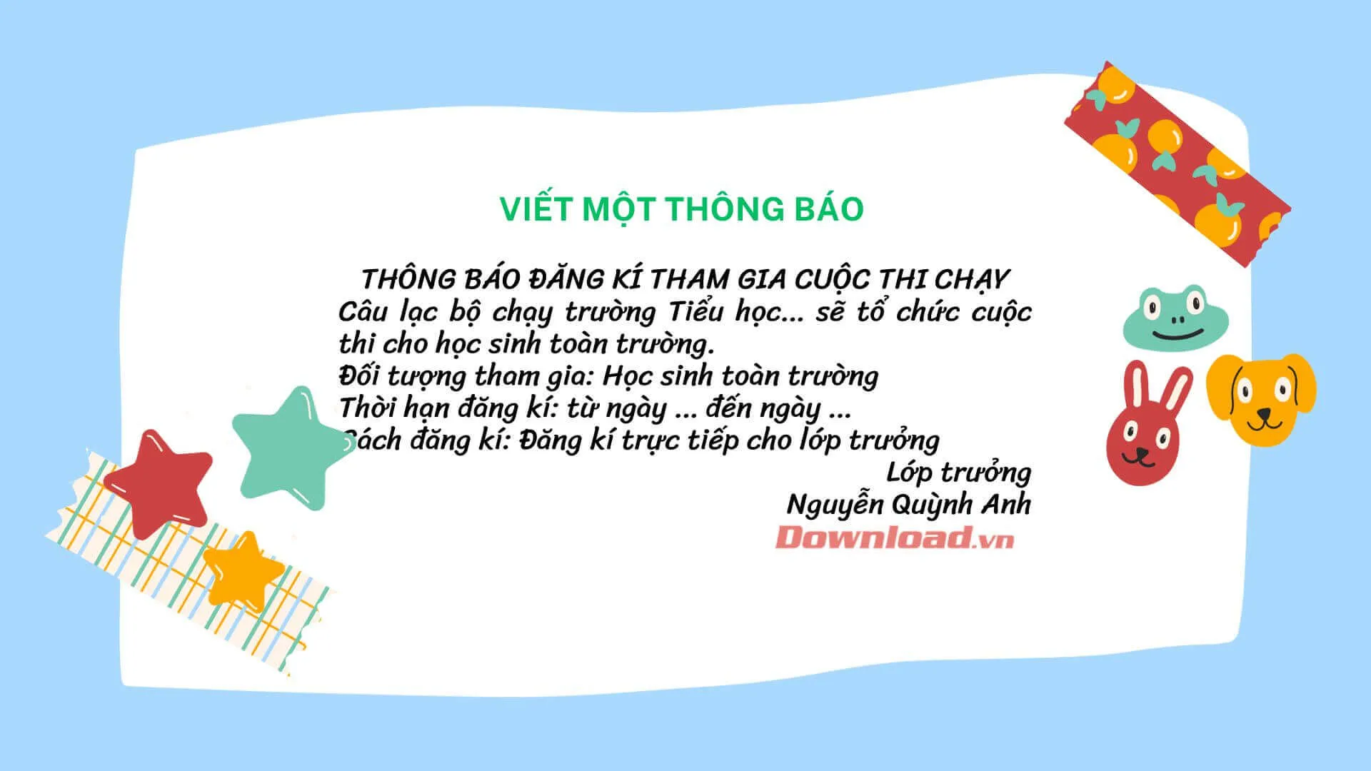 Tập làm văn lớp 3: Viết một thông báo của lớp về việc đăng kí tham gia một cuộc thi cấp trường (cờ vua, bơi lội…)