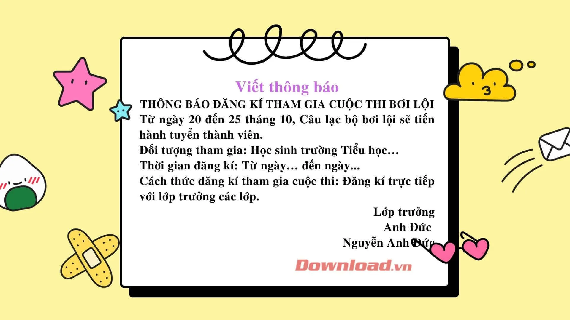 Tập làm văn lớp 3: Viết một thông báo của lớp về việc đăng kí tham gia một cuộc thi cấp trường (cờ vua, bơi lội…)