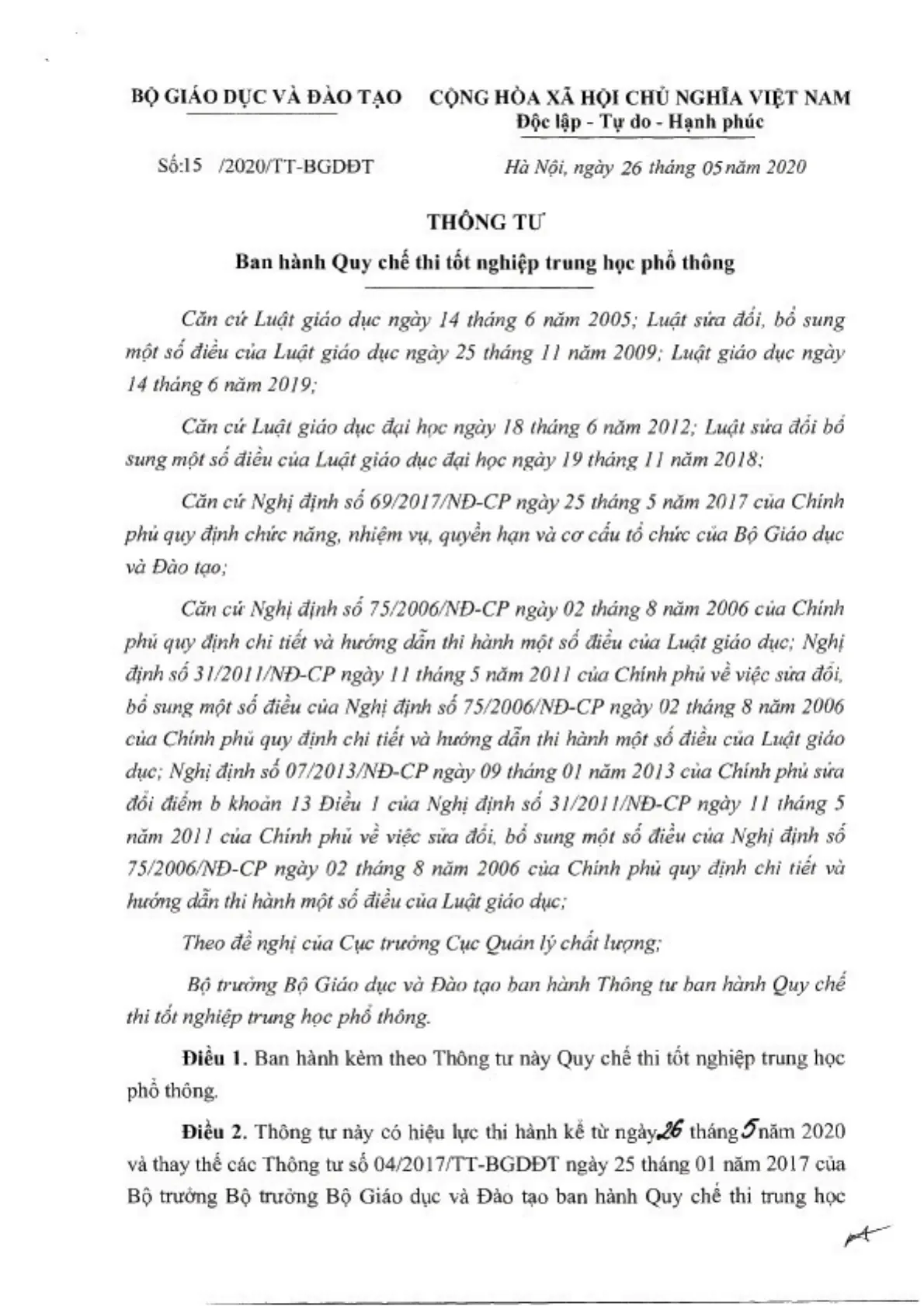 Thông tư 15/2020/TT-BGDĐT