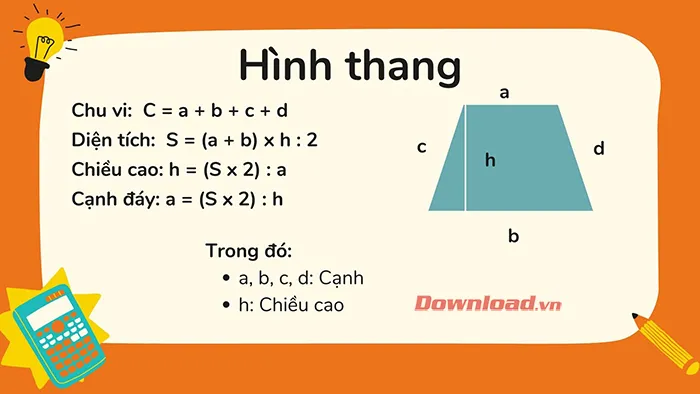 Toán Tiểu học: Công thức tính diện tích, chu vi, thể tích hình cơ bản