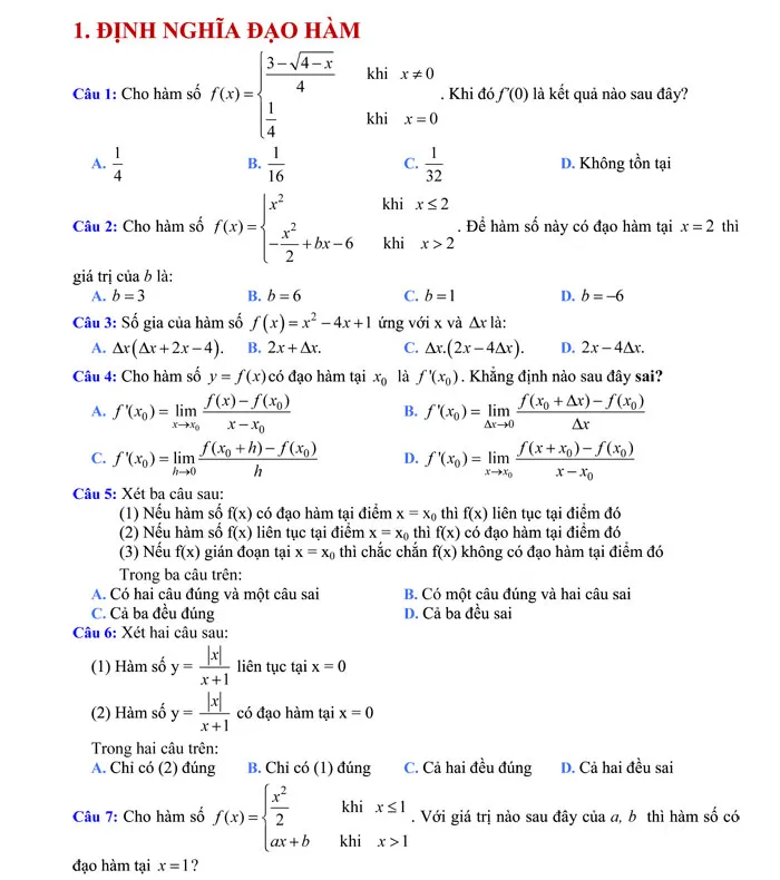 300 câu trắc nghiệm về đạo hàm theo chủ đề (Có đáp án)