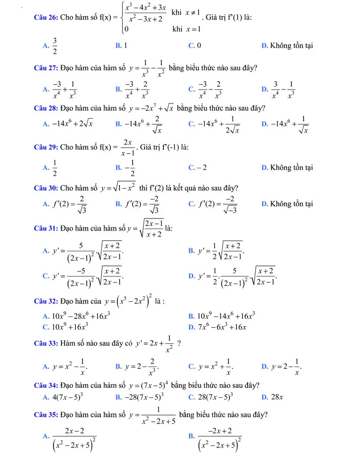 300 câu trắc nghiệm về đạo hàm theo chủ đề (Có đáp án)