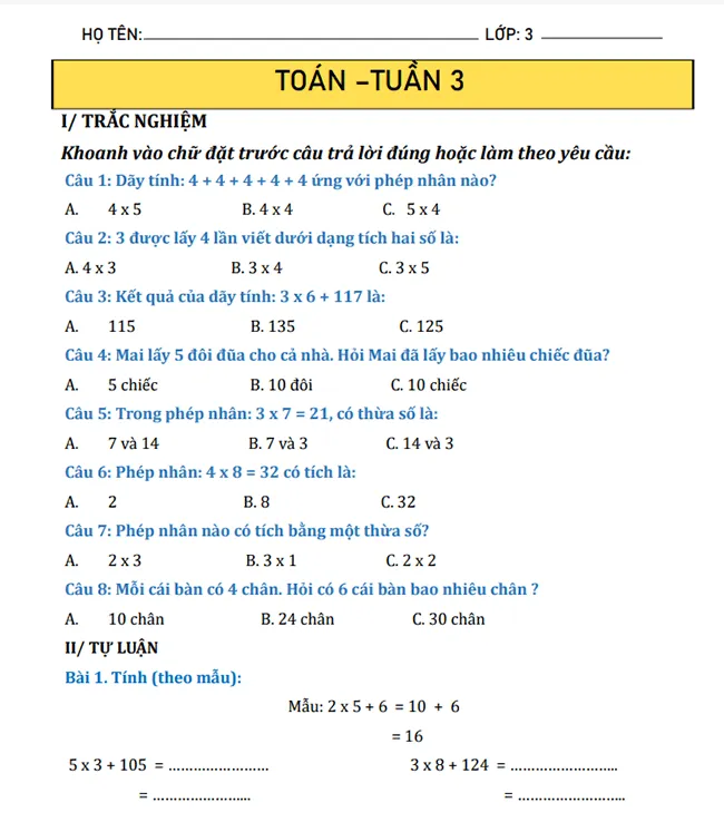 Bài tập cuối tuần lớp 3 môn Toán Kết nối tri thức Học kì 1