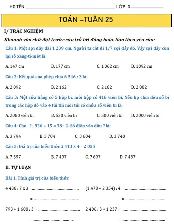 Bài tập cuối tuần lớp 3 môn Toán Kết nối tri thức Học kì 2