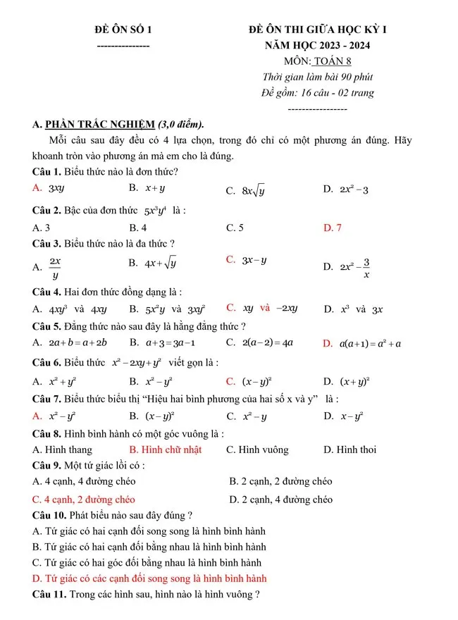 Bộ đề ôn thi giữa học kì 1 môn Toán 8 sách Cánh diều