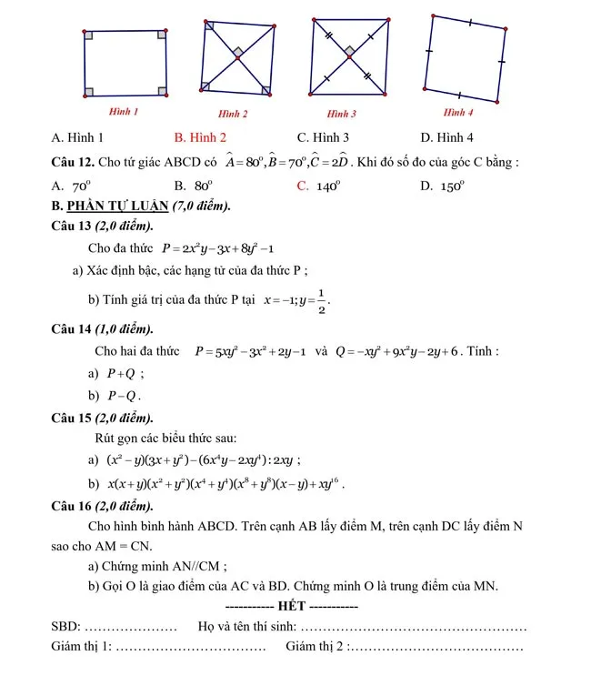 Bộ đề ôn thi giữa học kì 1 môn Toán 8 sách Cánh diều