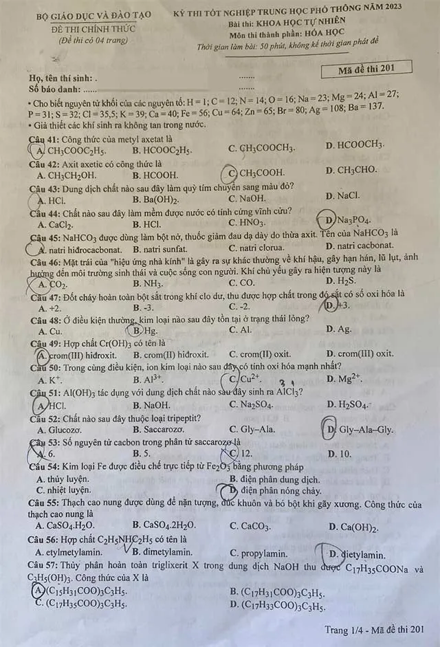 Đáp án đề thi môn Hóa học THPT Quốc gia 2023 của Bộ GD&ĐT