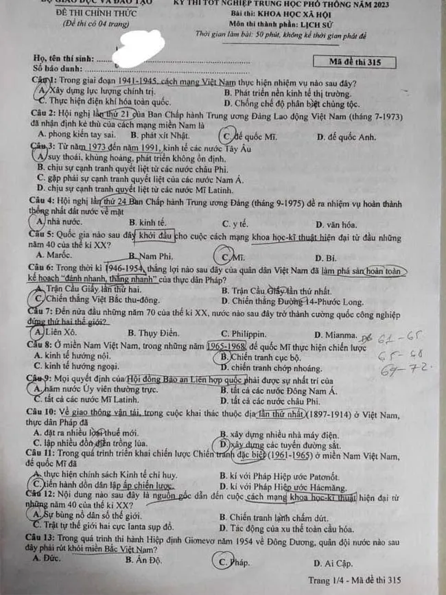 Đáp án đề thi môn Lịch sử THPT Quốc gia 2023 của Bộ GD&ĐT