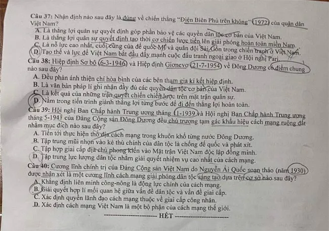 Đáp án đề thi môn Lịch sử THPT Quốc gia 2023 của Bộ GD&ĐT