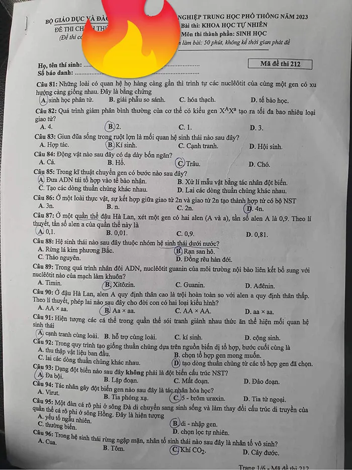 Đáp án đề thi môn Sinh học THPT Quốc gia 2023 của Bộ Giáo Dục và Đào Tạo