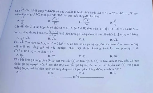 Đáp án đề thi môn Toán THPT Quốc gia 2023