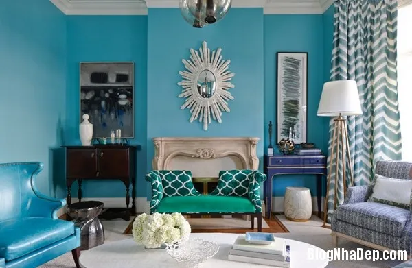 Phòng khách dịu êm với màu xanh ngọc