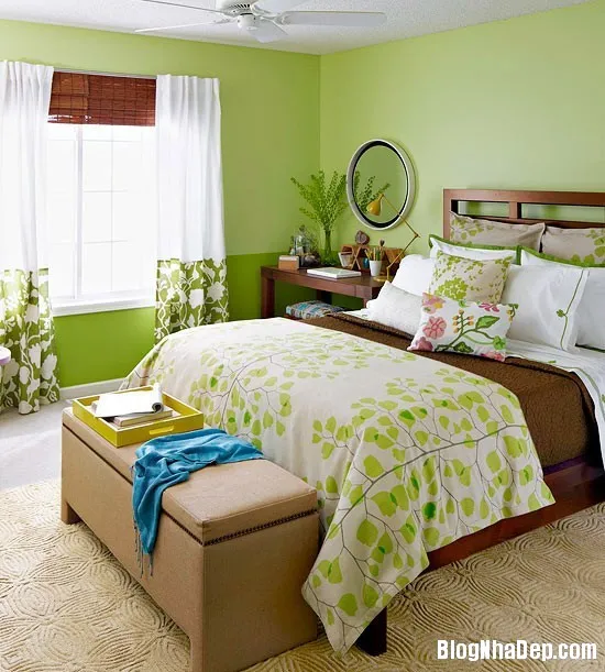 Phòng ngủ xinh xinh mát mắt với gam màu xanh lá