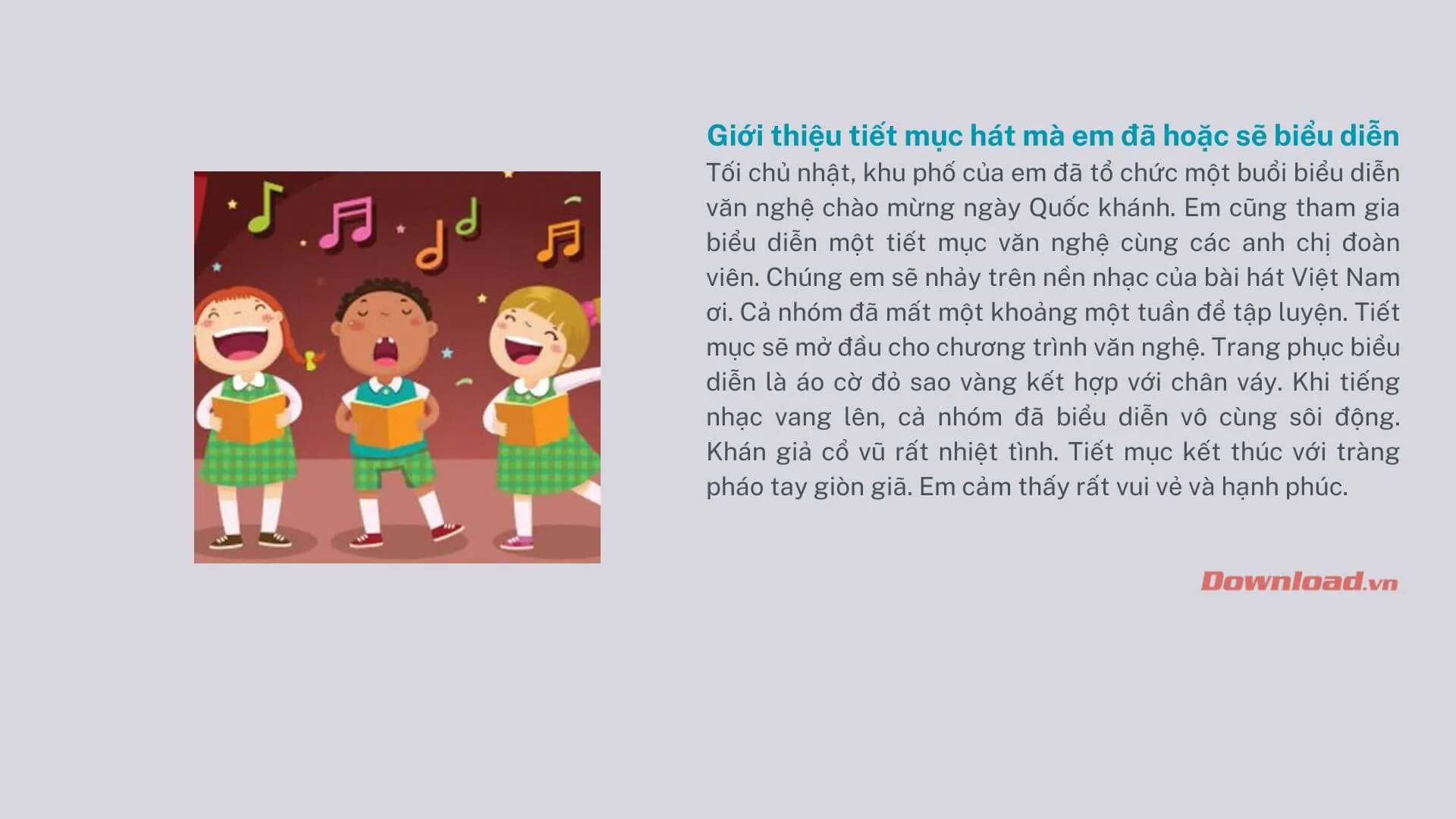 Tập làm văn lớp 3: Đoạn văn giới thiệu tiết mục hát (múa, đóng vai) mà em (nhóm em) đã hoặc sẽ biểu diễn