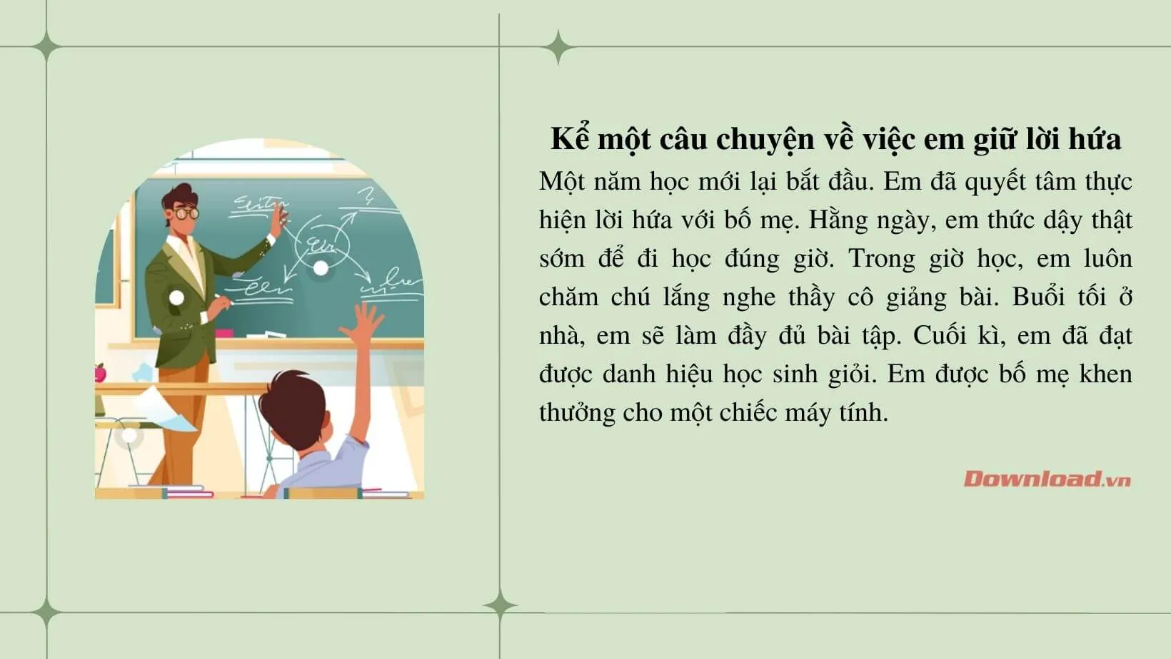 Tập làm văn lớp 3: Kể một câu chuyện về việc em giữ lời hứa với cha mẹ (người thân)