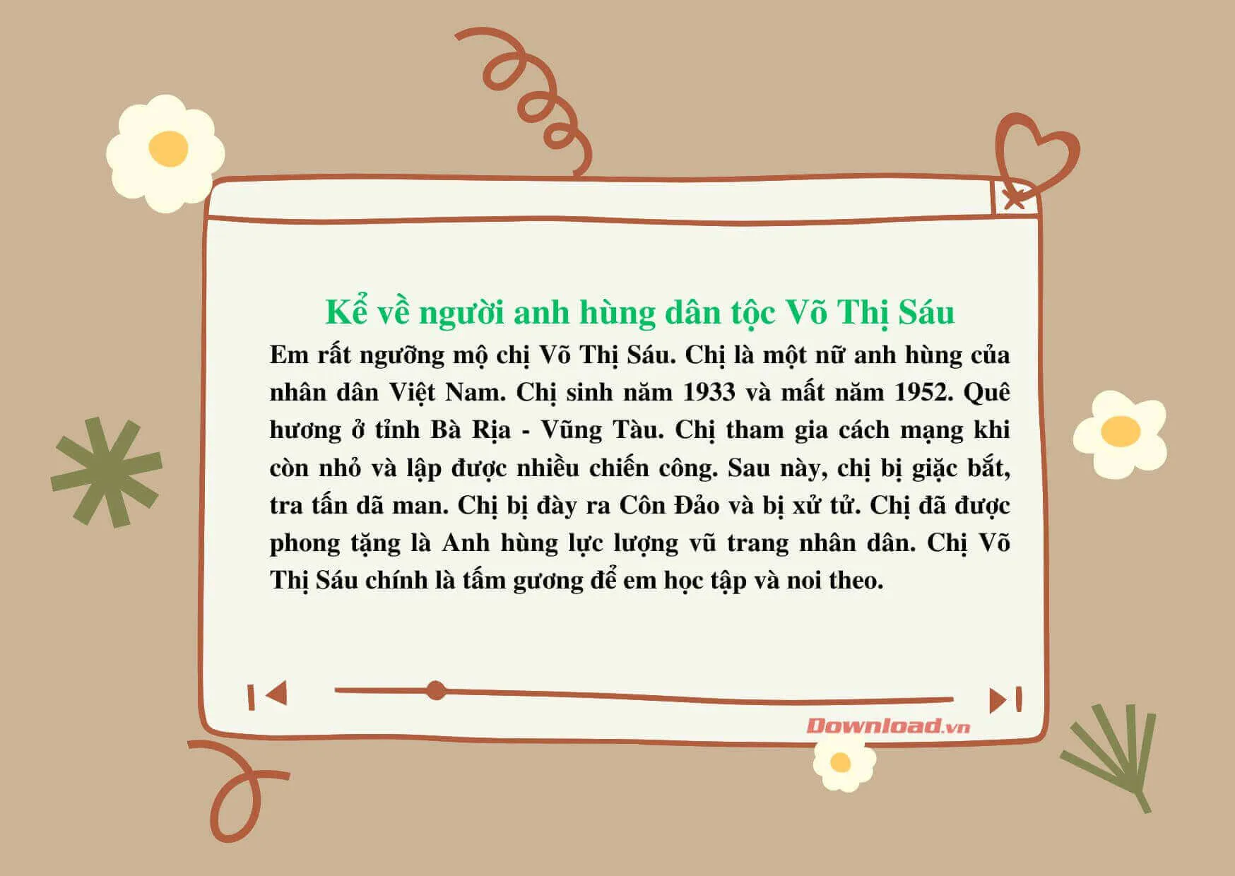 Tập làm văn lớp 3: Kể về người anh hùng dân tộc Võ Thị Sáu (6 mẫu)