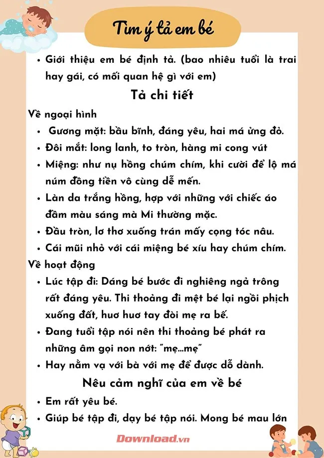 Tập làm văn lớp 5: Dàn ý tả em bé đang tuổi tập nói tập đi (6 mẫu)